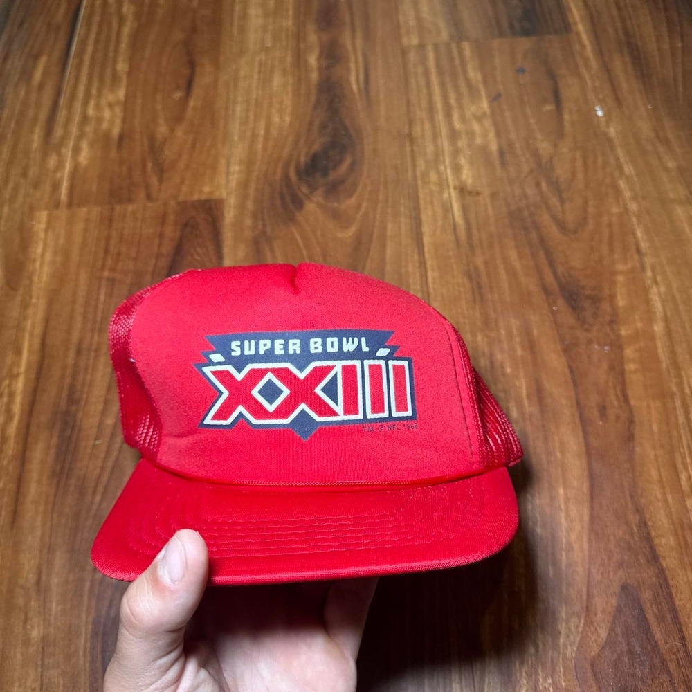 Red Super Bowl XXIII trucker hat with white/blue logo